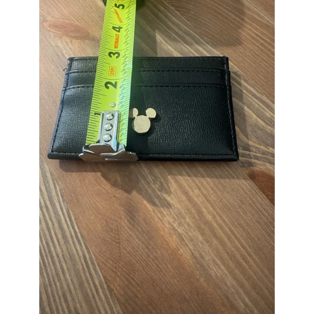 Disney Mickey Mouse Black Faux Leather Slim Card Holder Wallet Gold Tone Emblem